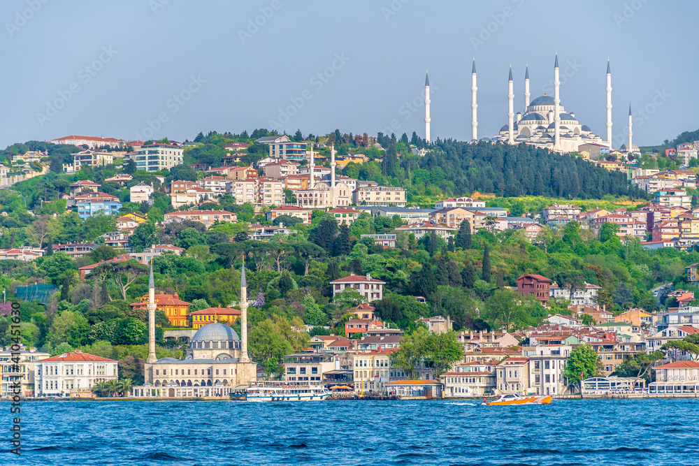 Camlica Mosque and Beylerbeyi Mosque from Bosphorus in Istanbul