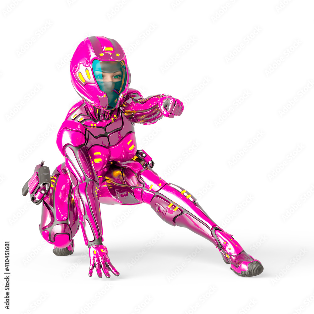 astronaut girl on sci-fi suit is crouched in action astronaut girl on sci-fi suit is crouched in action