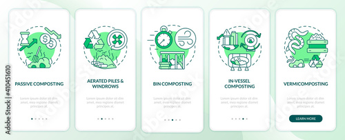 Decomposition onboarding mobile app page screen with concepts. Passive, bin, in-vessel composting walkthrough 5 steps graphic instructions. UI vector template with RGB color illustrations