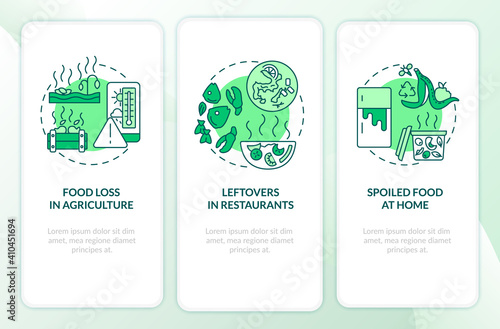 Food waste kinds onboarding mobile app page screen with concepts. Agricultural loss, leftovers walkthrough 3 steps graphic instructions. UI vector template with RGB color illustrations