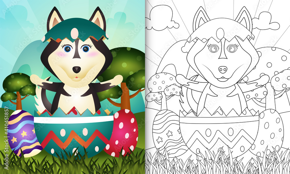 coloring book for kids themed happy easter day with character illustration of a cute husky dog in the egg