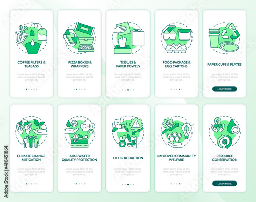 Biodegradable waste reduction onboarding mobile app page screen with concepts set. Packaging, protection walkthrough 5 steps graphic instructions. UI vector template with RGB color illustrations