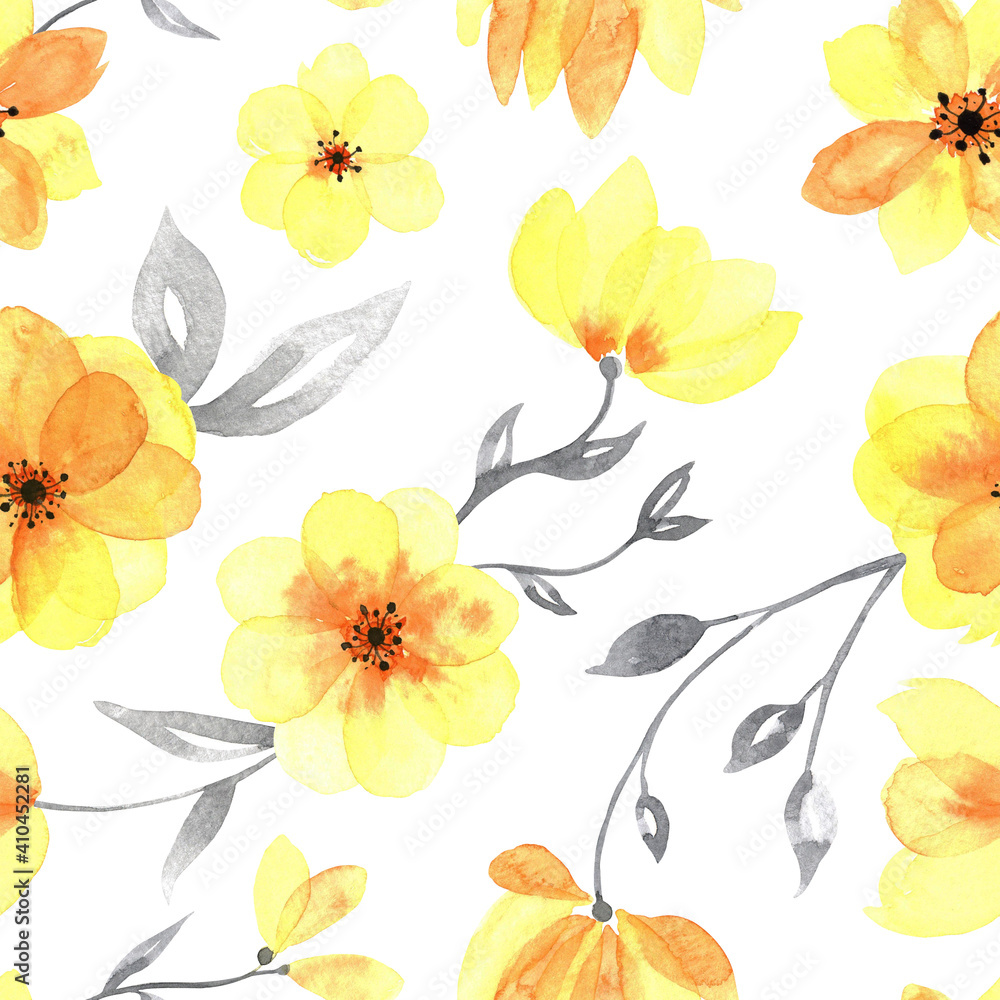Yellow watercolor flowers with grey leaves on white. Transparent watercolor flowers backdrop