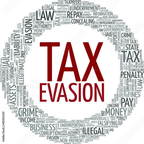 Tax evasion vector illustration word cloud isolated on a white background.