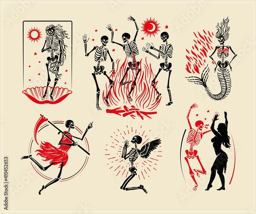 Skeletons Logos Collection For T-shirt and Denim. Skeletons Dance, the skeleton of the Venus, the Mermaid, the Angel, and the Angel of Death. Vector Illustration. © moloko88