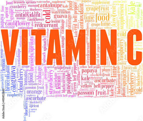 Types of food that contain Vitamin C. Vector illustration word cloud isolated on a white background.