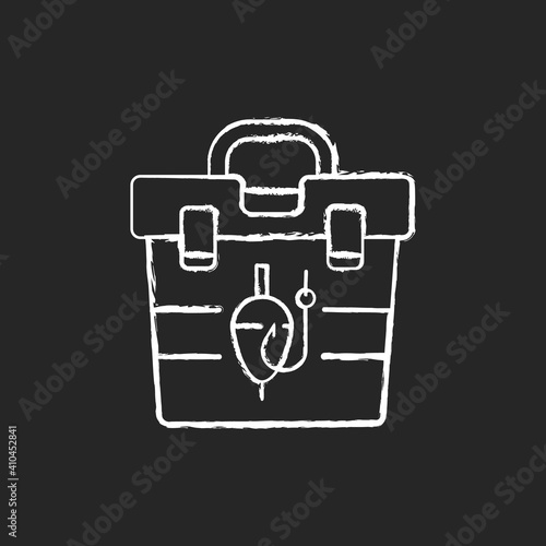 Tackle box chalk white icon on black background. Fishing suitcase. Fishing gear. Leisure. Container with rods, floats, hooks, baits. Special equipment. Isolated vector chalkboard illustration