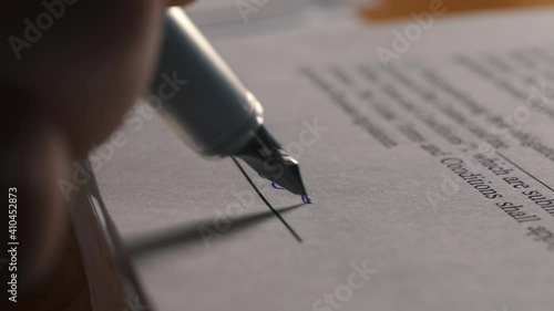 Male Hand With Pen Writing Signature on a Contract. Businessman Signing Business Purchase Agreement. Client Deal Buying Property. Corporate Business Investment. Bureaucracy Concept. Director Signature