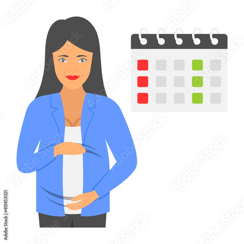 Parental or family leave vector color icon design, Employee benefits sign, Maternity pay and leave concept, hrm symbol, Standing Pregnant Lady with Calendar Sign, Business Character Stock illustration
