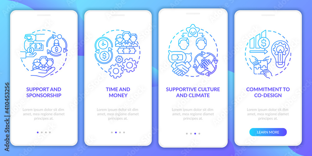 States for co-design onboarding mobile app page screen with concepts. Commitment, financial support walkthrough 4 steps graphic instructions. UI vector template with RGB color illustrations