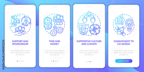 States for co-design onboarding mobile app page screen with concepts. Commitment, financial support walkthrough 4 steps graphic instructions. UI vector template with RGB color illustrations