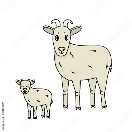 Set of cartoon farm goat with horns and a kid stand sideways and look straight. Isolated Animals are on white background