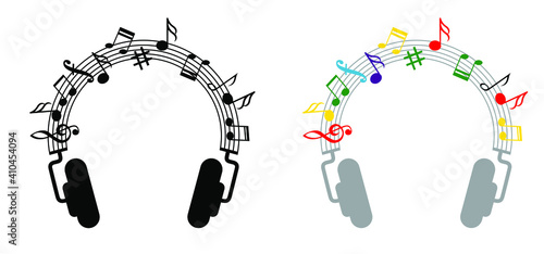 headphone. Musical notes stave line pattern. Symbols icon for staff and music note theme. Headset background wave Piano, jazz sound notes Fun vector key sign Classic clef Doodle quaver G melody on pap