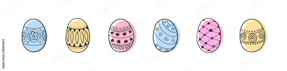 Happy Easter. Easter eggs set. Egg collection hand drawn with brush scribble lines. Trendy design. Vector illustration - obrazy, fototapety, plakaty 