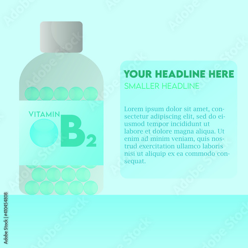 Vitamin B2 Capsule bottle flat modern illustration, health care concept, For medical ads, pharmacy, drug store booklet, banner or brochure.