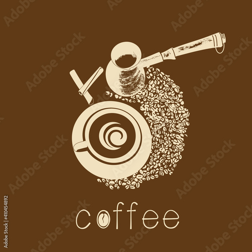 A cup of natural coffee, on the background of coffee beans. Sketch-style drawing on a dark background.
