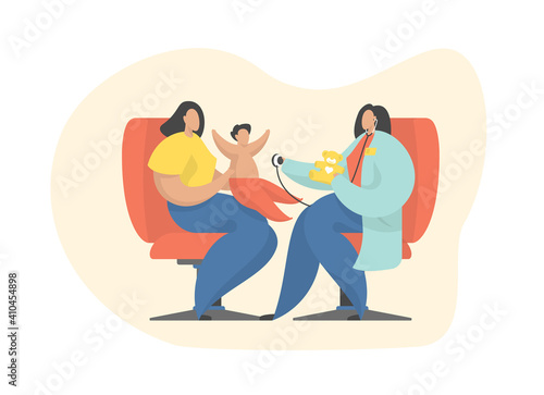 Female pediatrician examining baby in clinic. Flat illustration