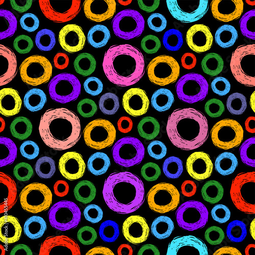 Bright colorful multicolored ink circles isolated on black background. Cute colored seamless pattern. Vector flat graphic hand drawn illustration. Texture.