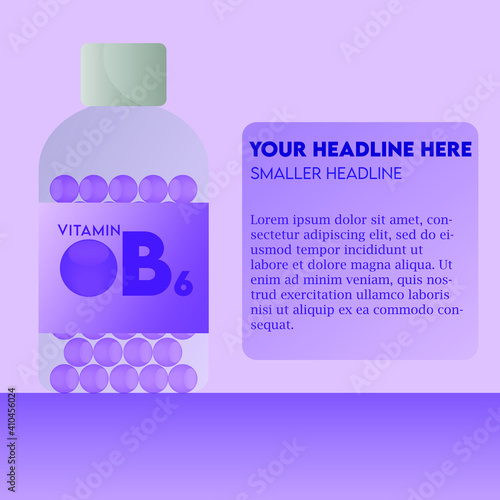 Vitamin B6 Capsule bottle flat modern illustration, health care concept, For medical ads, pharmacy, drug store booklet, banner or brochure.