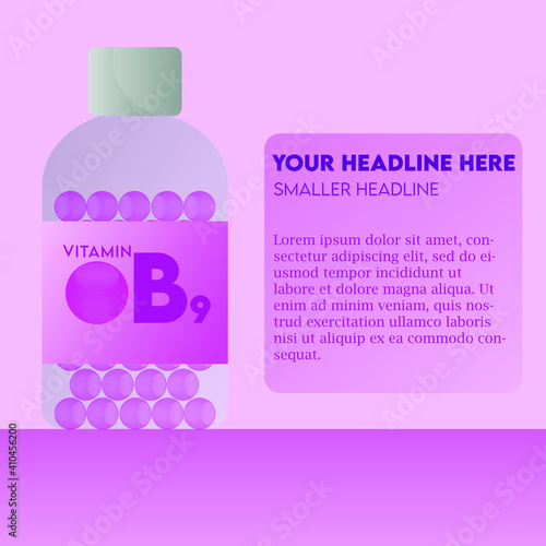 Vitamin B9 Capsule bottle flat modern illustration, health care concept, For medical ads, pharmacy, drug store booklet, banner or brochure.