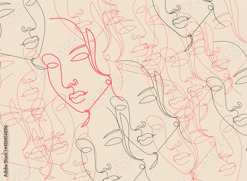 Vector Surreal Face Background, Linear Art, Colored Illustration, Woman Faces, Pastel Colors.
