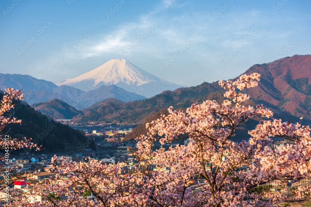 Otsuki, Japan cityscape with Mt. Fuji in spring season