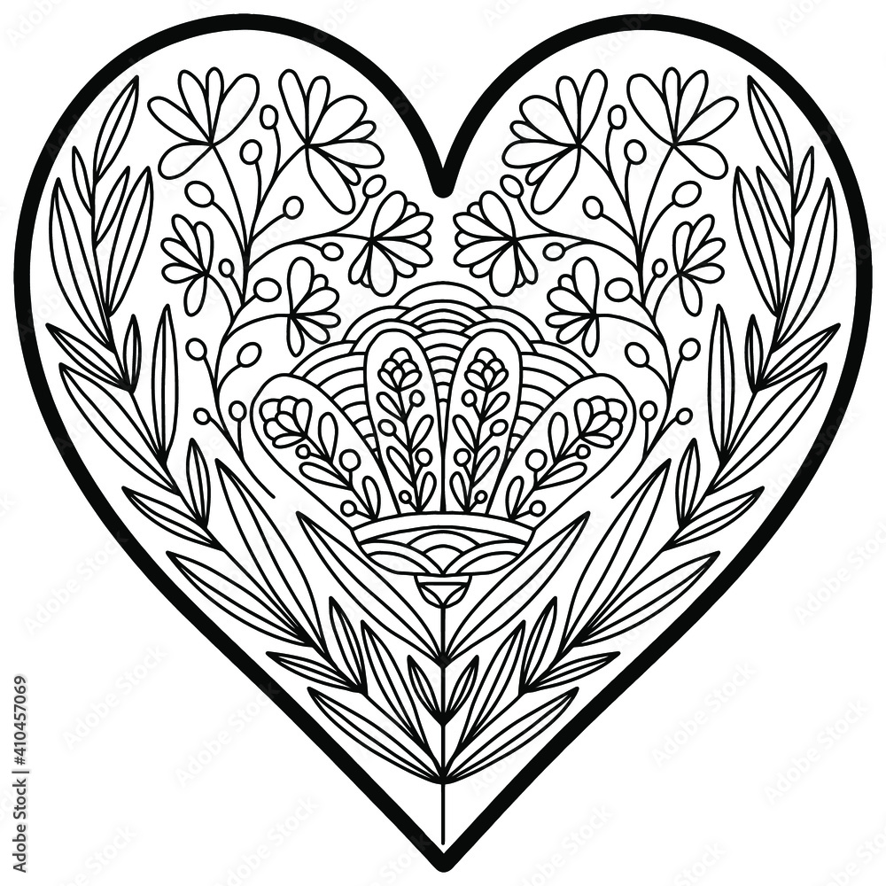 heart with linear ornaments and folk style flowers drawn on a white background, vector, valentines day