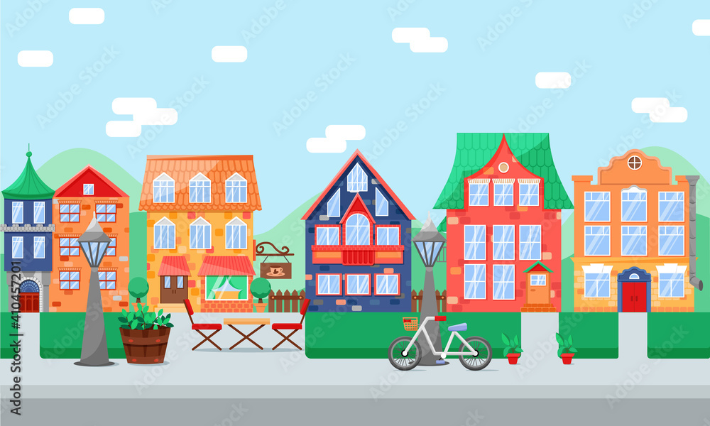 City street with front view houses. Home facades with doors, windows and balcony in bright color, street lights, retro bike.