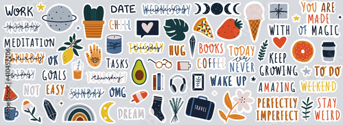 Set of stickers on different topics for daily planner or bullet journaling. Hand drawn doodles and handwritten modern lettering and quotes vector illustrations.