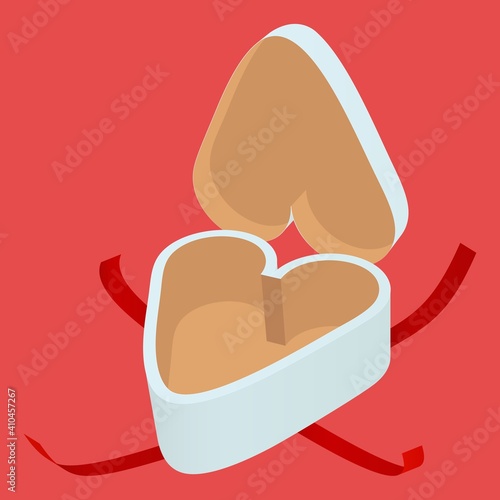 Top view open white heart shaped gift box isolated on red background.