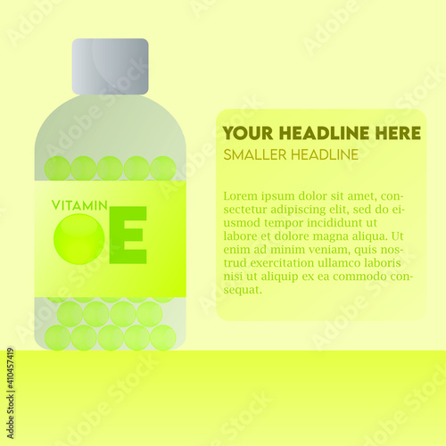 Vitamin E Capsule bottle flat modern illustration, health care concept, For medical ads, pharmacy, drug store booklet, banner or brochure.