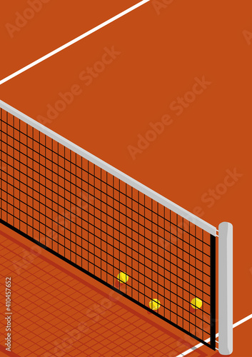 Illustration of brick red color tennis court and tennis balls around on a sunny day. With copy space.