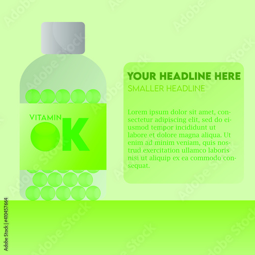Vitamin K Capsule bottle flat modern illustration, health care concept, For medical ads, pharmacy, drug store booklet, banner or brochure.