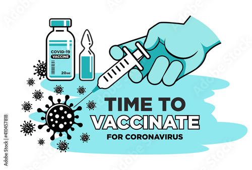 Hand of doctor or nurse in medical glove makes vaccine against coronavirus. Bottle and vial containing drug for COVID-19. Time to vaccinate poster or website landing page, vector on transparent backgr