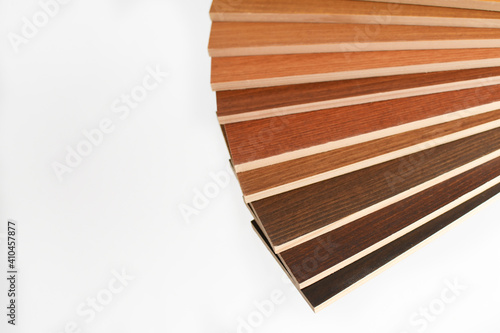 Color wood samples.   atalog of wood materials for design on a light background. Collection of surface boards.   Wood color and texture samples.