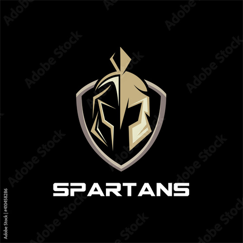 shield and helmet of the Spartan warrior symbol, emblem. Spartan helmet logo, vector illustration of spartan shield and helm, Sparta Spartan Roman Helmet Armor Warrior logo design inspiration