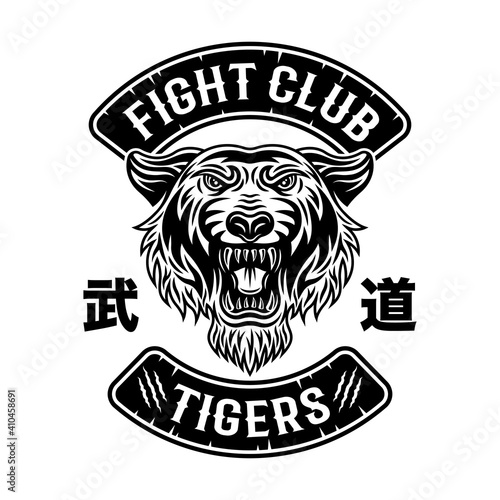 Tiger fight club, martial arts vector black emblem, badge, logo, patch, label in vintage style isolated on white background
