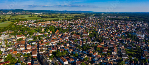 Aerial view of the city Lorsch and monastery in Germany on a sunny day in spring. 