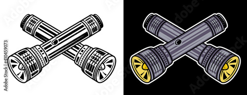 Crossed flashlights set of two vector objects in black style on white and colorful on dark background