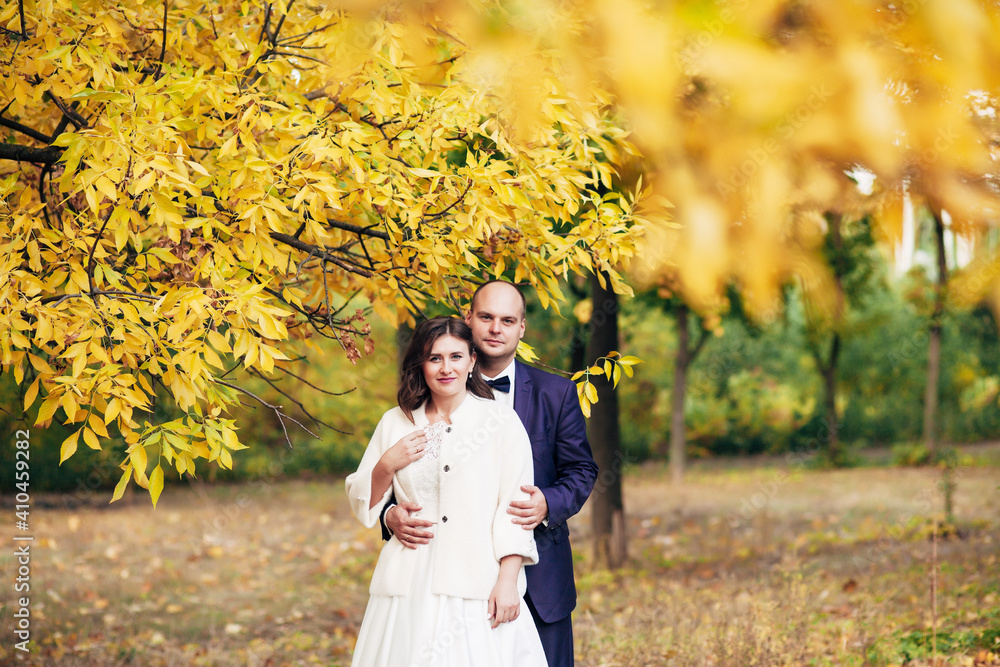 bride and groom hugging in yellow autumn trees
bride and groom hugging in yellow autumn trees