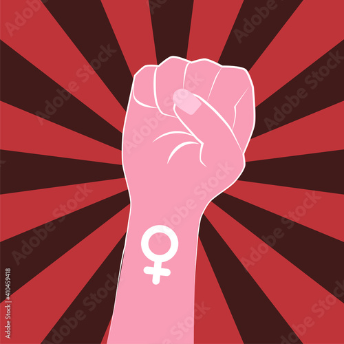 Pink female fist, women rights, feminism.