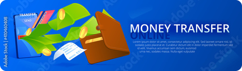 Online transer banner. The phone with flying money and credit card and gold coins. Vector gradient illustration.