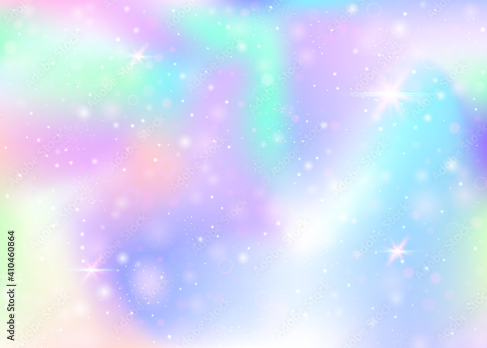Holographic background with rainbow mesh. Kawaii universe banner in princess colors. Fantasy gradient backdrop with hologram. Holographic magic background with fairy sparkles, stars and blurs.