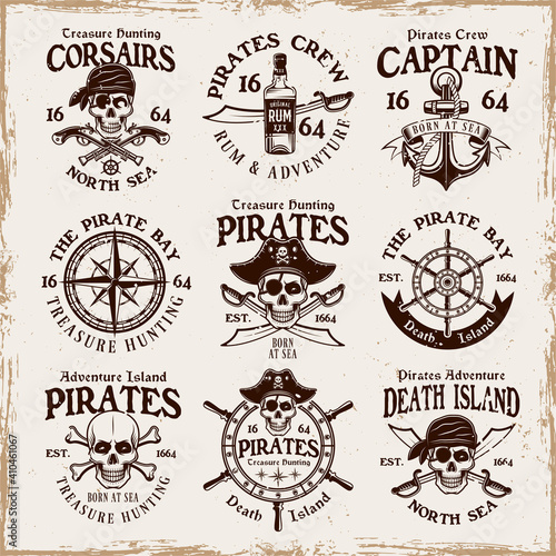 Pirates set of vector emblems, labels, badges or logos in vintage style on background with removable grunge textures