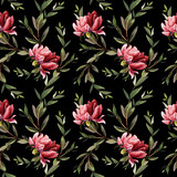 Floral seamless pattern on a black background. Watercolor peonies and green branches. Design for fabric, scrapbooking, wallpaper. Hand drawing