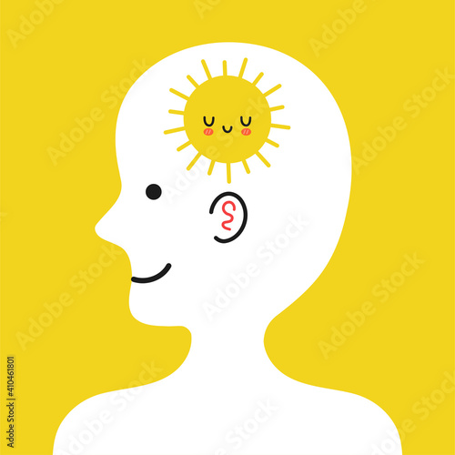 Cute human head in profile with sun inside. Good healthy mental, emotional condition concept. Vector cartoon character illustration icon