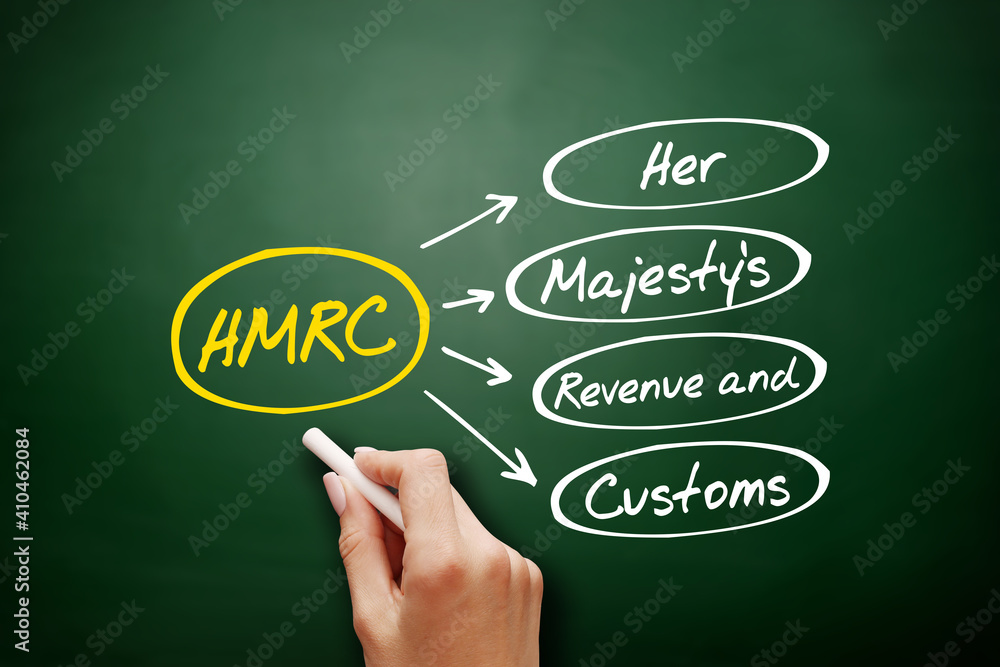 HMRC - Her Majesty's Revenue and Customs acronym, business concept on blackboard