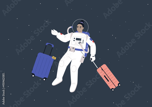 Space tourism concept, a young female Asian astronaut in a spacesuit traveling with luggage in outer space