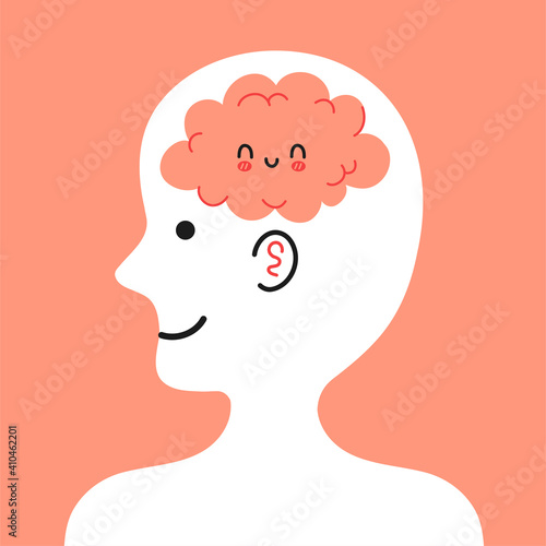 Cute human head in profile with happy brain inside. Good mood, mental, emotional condition concept. Vector cartoon character illustration icon © svtdesign