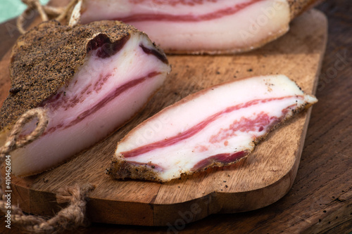 bacon called guanciale ingredient for pasta alla amatriciana and carbonara and gricia in Italian e roman food photo